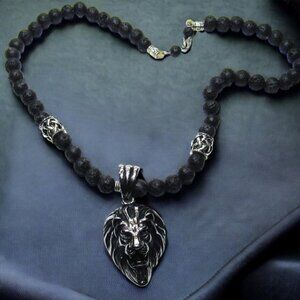 NEW Handmade Large Lion Necklace with Black Lava Stone. One of a Kind!